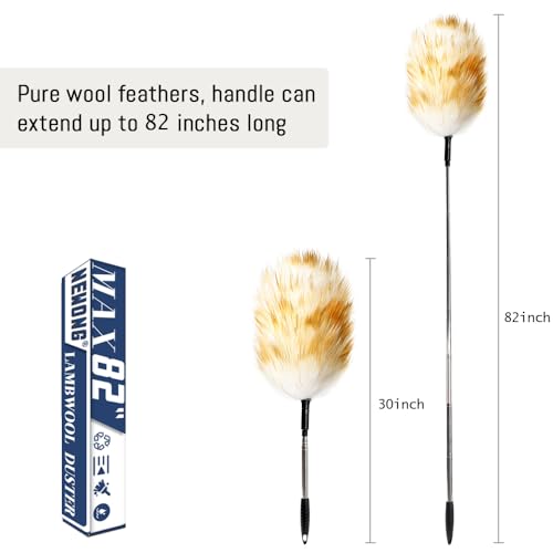 Extendable Lambswool Duster 82inch with Aluminium Alloy Handle, Natural Long Feather Duster for Cleaning Fans, Ceiling, Bookshelevs, for Home&Office