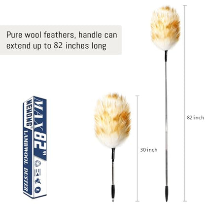 Extendable Lambswool Duster 82inch with Aluminium Alloy Handle, Natural Long Feather Duster for Cleaning Fans, Ceiling, Bookshelevs, for Home&Office