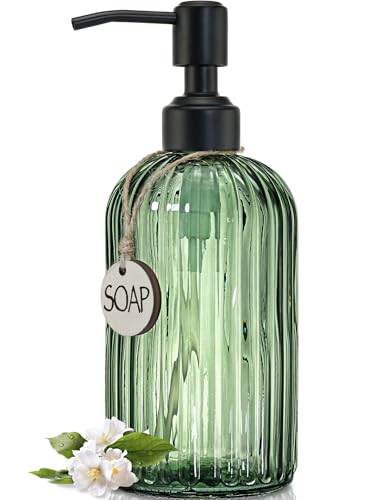 JASAI 18Oz Green Glass Soap Dispenser with Black Rust Proof Pump, Refillable Bathroom soap Dispenser with Thick Glass, Soap Dispenser Bathroom for Kitchen Dish soap, Hand Soap, Lotion, Body Wash. - color: Forest Green (Black Pump)
