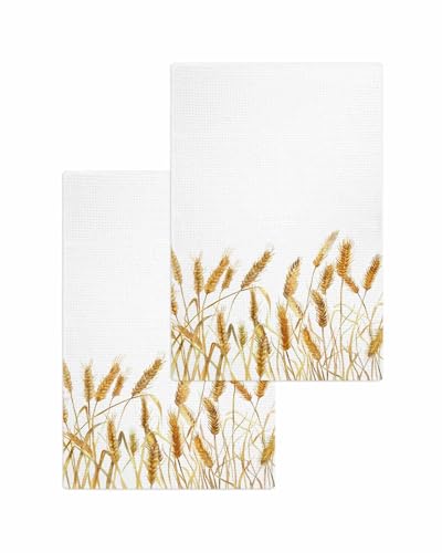 Golden Wheat Hand Towels Set,Waffle Weave Kitchen Towels 2 Pieces,Microfiber Hair Face Bath Tea Towel Absorbent Quick Drying Cleaning Dish Cloths,Retro Summer Fall Harvest Crops Botanical 15.7"x23.6" - color: Floralhab53099