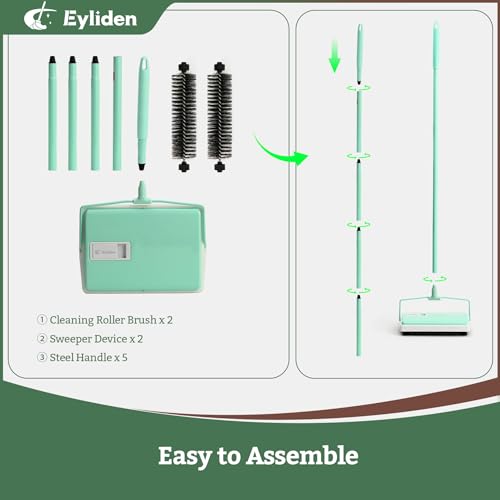 Eyliden X-Large Carpet Sweeper - Quiet Manual Sweeper for Carpets & Rugs | 1 Extra Refill Roller Brush, Non-Electric, Hand Push, Quietly Cleans Debris and Messes, Restaurant Roller Broom, Mint - color: Mint
