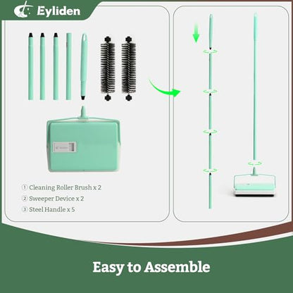Eyliden X-Large Carpet Sweeper - Quiet Manual Sweeper for Carpets & Rugs | 1 Extra Refill Roller Brush, Non-Electric, Hand Push, Quietly Cleans Debris and Messes, Restaurant Roller Broom, Mint - color: Mint