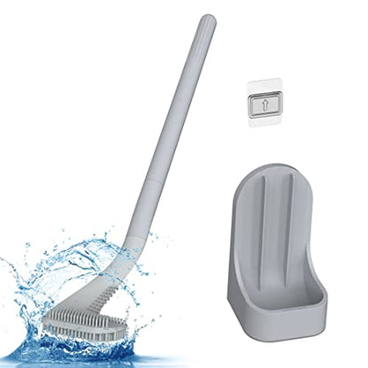 Toilet Brush, Long Handle Golf Toilet Brush with Holder 360° Deep Cleaning Flexible Silicone Toilet Cleaner Brush Wall Mounted for Bathroom (Grey) - color: Gray