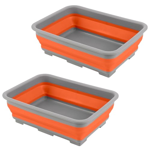 Set of 2 Multipurpose Wash Bins – 7.27-Liter Basins for Travel or Cleaning – Collapsible Bucket Camping Accessories by Wakeman (Orange) - color: Orange, size: 2-Pack