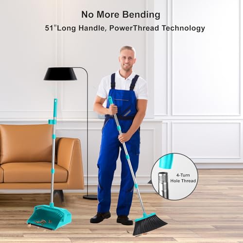 Tiumso Upgrade Broom with Dustpan Combo Set, Broom and Dustpan Set with 51'' Long Handle, Large Upright Brooms and Dust Pans, ZeroGap Lip, Self-Cleaning Dustpan Teeth for Lobby and Restaurant - Blue - color: Blue