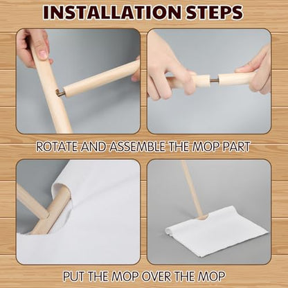 Cuban Style Wood Mop Set 40 Inch T Stick with 3 Pcs Microfiber Squeegee Mopping Towel Floor Cloth Kitchen, Bathroom Cleaning, Washing Trapeador, 15 x 24 Inch Reusable Drying Towel(White)