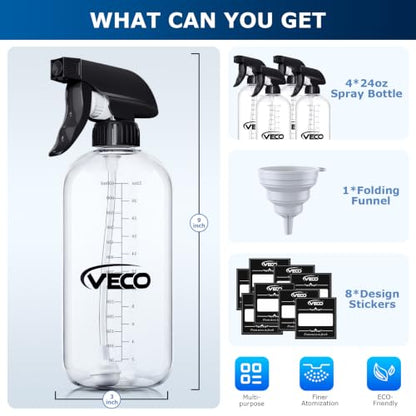 Veco 24oz Graduated Spray Bottles, 4-Pack — 360° Any-Angle Spraying for Easy Dilution, Leak-Resistant spray bottles for Cleaning, Plants, Hair & Pet Use + Foldable Funnel - size: 24 Ounces