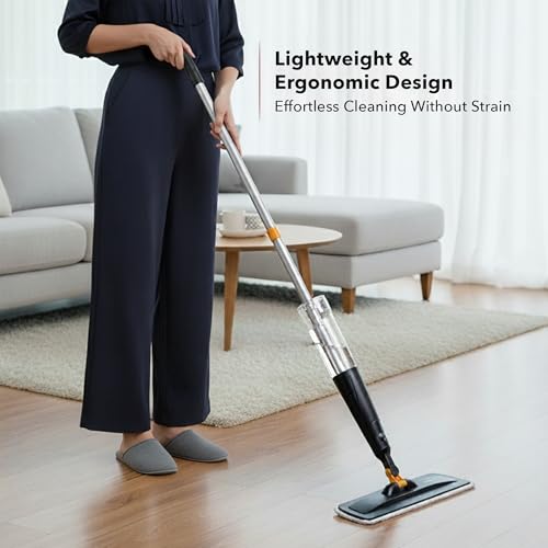 OVENTE Microfiber Spray Mop for Floor Cleaning with Refillable Bottle, Washable and Reusable Pad, 360° Spin Flat Cordless Wet Scrubber for Hardwood, Ceramic, Laminate and Vinyl Tiles, Black CTM121BGD