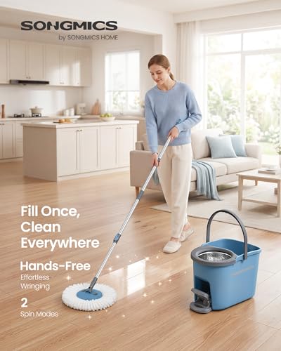 SONGMICS Spin Mop and Bucket Set with Pedal Wringer, Floor Cleaning Mop, Adjustable Telescopic Handle, Max. 59.1-Inch Length, 360° Rotating Head, 4 Microfiber Pads, Blue and Gray ULMB002QT04 - color: Blue + Gray, size: 4 Pads