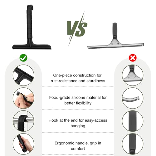Roylvan Silicone Shower Squeegee, All-in-One Shower Squeegee for Glass Doors with Built-in Hook, Household Window Mirror Cleaner for Bathroom Glass Kitchen Tile Wall Car, Black