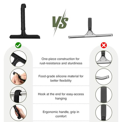 Roylvan Silicone Shower Squeegee, All-in-One Shower Squeegee for Glass Doors with Built-in Hook, Household Window Mirror Cleaner for Bathroom Glass Kitchen Tile Wall Car, Black