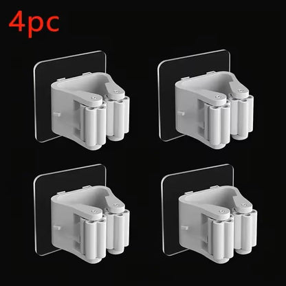 4 Pack No-Drill Adhesive Wall-Mounted Mop & Broom Holder, Space-Saving Bathroom Organizer with Strong Adhesive Clips, Plastic Storage Rack for Toilet Brush, Mop, Broom, White
