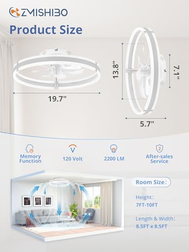 ZMISHIBO Ceiling Fans with Lights and Remote, 19.7'' Low Profile Ceiling Fan, 3000-6000K Dimmable Modern Flush Mount LED Fan Light, 6 Wind Speeds, White Fandelier Ceiling Fans for Bedroom - color: White, size: 19.7 INCH