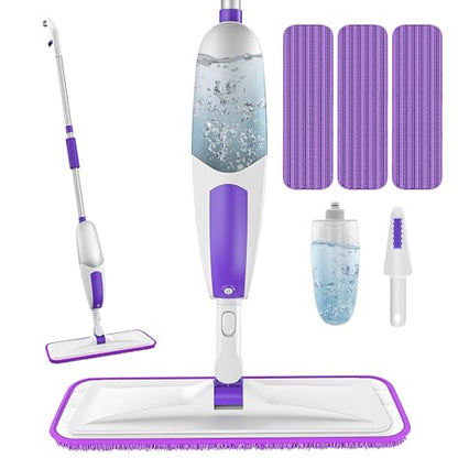 Microfiber Spray Mops for Floor Cleaning - SEVENMAX Dry Wet Floor Mop with Sprayer 3 Washable Pads fit Swiffer Powermop for Hardwood Laminate Tile Wood Vinyl Ceramic Home Kitchen Cleaning - size: White Purple Mop - 3 Pads