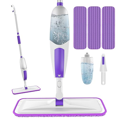 Microfiber Spray Mops for Floor Cleaning - SEVENMAX Dry Wet Floor Mop with Sprayer 3 Washable Pads fit Swiffer Powermop for Hardwood Laminate Tile Wood Vinyl Ceramic Home Kitchen Cleaning - size: White Purple Mop - 3 Pads