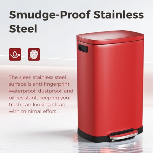 ELPHECO LPHECO Kitchen Trash Can with Lid Soft Close, 13 Gallon / 50L Stainless Steel Pedal Garbage Can, Heavy-Duty Step Wastebasket with 20 Bags, Removable Bucket, Home Office, Kitchen, Scarlet Red - color: Scarlet Red