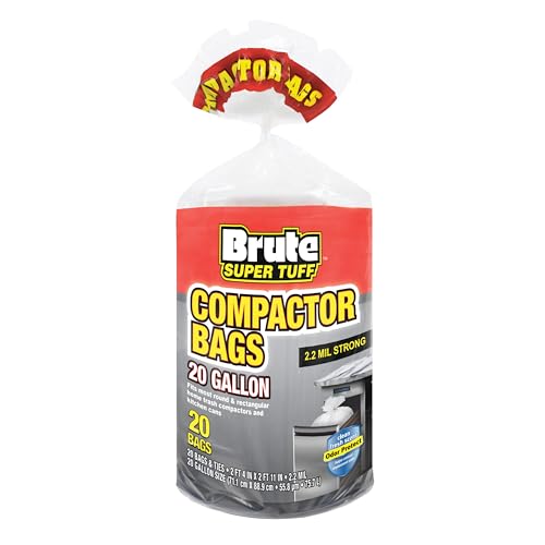 Brute Super Tuff Heavy Duty 2.2 MIL Kitchen Compactor Bags, Twist Tie Closure, White, Clean Fresh Scent with Odor Protect Technology, 20 Gallon, 20 Count (Pack of 6) - size: 20 Count (Pack of 6), style: Compactor (20 Gallon)