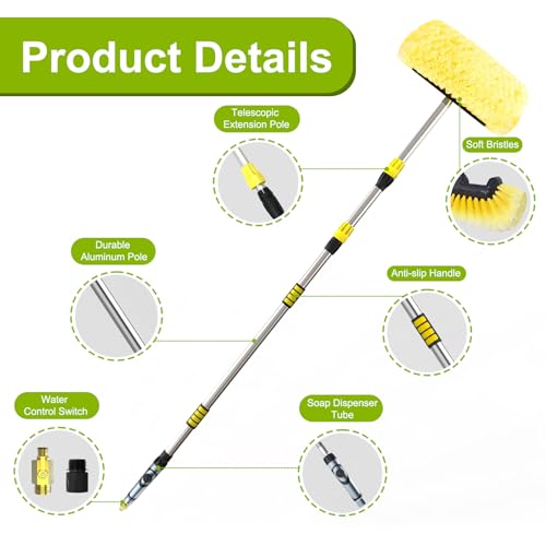 SISUPASSIE 12FT Car Wash Brush with Long Handle, Telescopic Car Wash Brush with Soap Dispenser, 12-Inch Soft Bristle Car Cleaning Brush for Cleaning Car, RV, Truck, Boat, Solar Panels, Yellow
