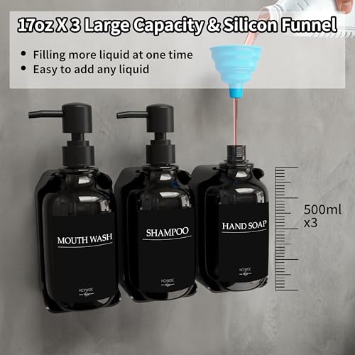 Shampoo and Conditioner Dispenser, Shower Soap Dispenser with 16 Waterproof Labels, Shampoo Dispenser for Shower Wall, Shower Dispenser 3 Chamber No Drill, 17oz, Black - color: Black Bottle + Black Pump