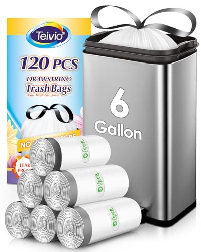 6 Gallon Small 120 Counts Strong Drawstring Trash Bags Garbage Bags by Teivio, Bathroom Trash Can Bin Liners, Plastic Bags for home office kitchen, White - style: 120-6Gallon-White