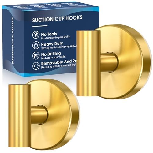 MOTAIPEAK Suction Cup Hooks for Shower,Heavy Duty Shower Towel Suction Hooks,No Drill Wall Mounted Towel Hooks for Bathrooms Wall,Kitchen,Glass,Mirror,Tile to Hang Towels,Robes,Coat-Gold(2 Pack) - color: Gold, size: 2 Pack
