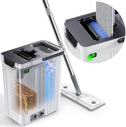 Mop and Bucket Set | Auto-Spray Cleaning | Dirty Water Separation Keep Water Fresh | Flat Mop & Bucket with Wringer | 3x Washable Pads | High-efficiency Cleaning for All Floors Tile Wall Window