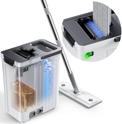 Mop and Bucket Set | Auto-Spray Cleaning | Dirty Water Separation Keep Water Fresh | Flat Mop & Bucket with Wringer | 3x Washable Pads | High-efficiency Cleaning for All Floors Tile Wall Window