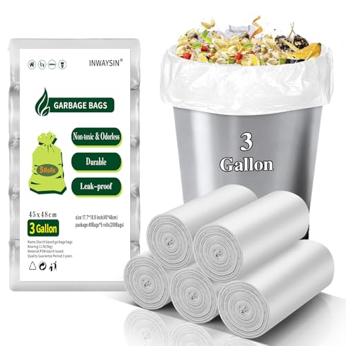 3 Gallon Biodegradable Trash Bags - 5 Rolls 200 Counts Compostable Small Garbage Bag for Bathroom Can Unscented Durable & Strong Thick Mini Bulk Waste Basket Liners Inwaysin - style: Bio-White-3Gal200