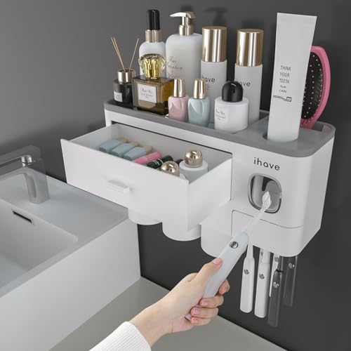 iHave Toothbrush Holders for Bathrooms, 3 Cups Toothbrush Holder Wall Mounted with Toothpaste Dispenser - Large Capacity Tray, Cosmetic Drawer - Bathroom Accessories & Bathroom Organization Storage - color: White, size: 3 cup