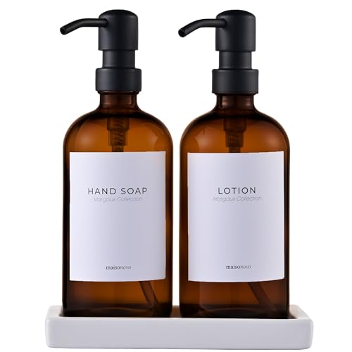MaisoNovo Soap and Lotion Dispenser Set - Bathroom Soap Dispenser Set with Amber Glass Soap Dispenser, Black Pumps & Ceramic Tray - color: Amber Bottles/ Black Pumps/ White Ceramic Tray