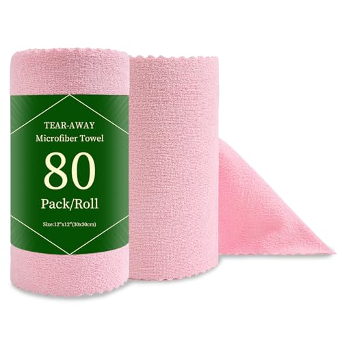 Jessy Home 80 Pack Reusable Paper Towels Pink Microfiber Cleaning Cloth Roll 12"x12" Microfiber Towels, Tear Away Cloth for Cars,Wash Cloths,Lint Free Rags for House,Kitchen,Window,Cleaning Supplies - color: Airy Pink