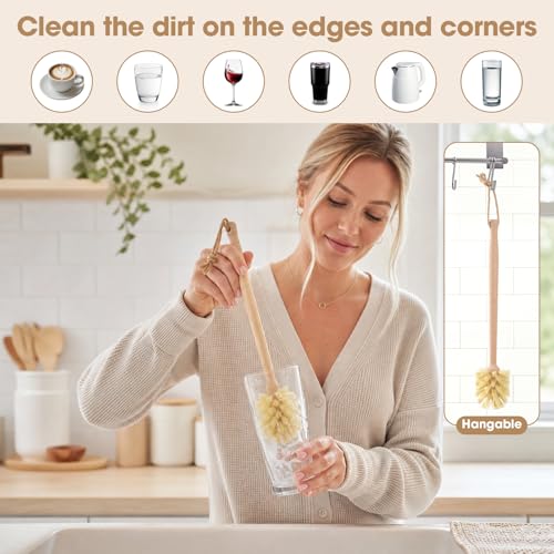 6 Pack Bamboo Dish Brush & Sponge Set, Wooden Handle Kitchen Scrub Brushes with Natural Sisal & Palm Fiber Heads, Multi-Purpose Dishwashing Cleaner for Dishes, Pots, Bottles, Vegetables