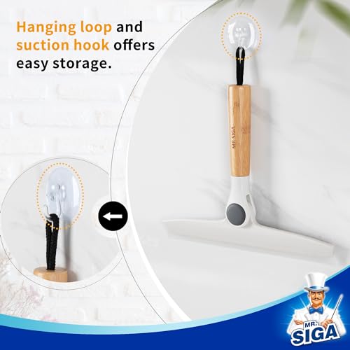 MR.SIGA All Purpose Silicone Squeegee for Shower Door, Mirror, Glass, Streak Free Shower Squeegee, Pivoting Bamboo Handle, Includes 1 Suction Hook, 10 inch Wide, 1 Pack - color: White