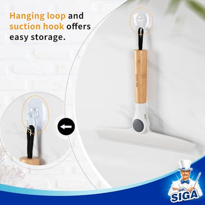 MR.SIGA All Purpose Silicone Squeegee for Shower Door, Mirror, Glass, Streak Free Shower Squeegee, Pivoting Bamboo Handle, Includes 1 Suction Hook, 10 inch Wide, 1 Pack - color: White