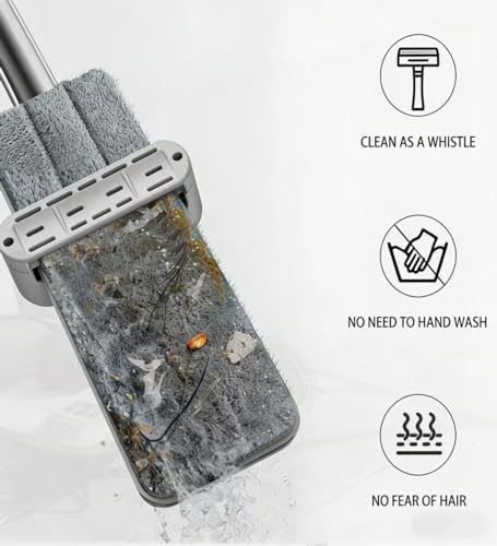 360 Hands-Free Self Wringing Floor Cleaning Mop, Flat Mop - Microfiber with 6 x Washable Pads, Hand Washing Free for Hardwood and Window, White
