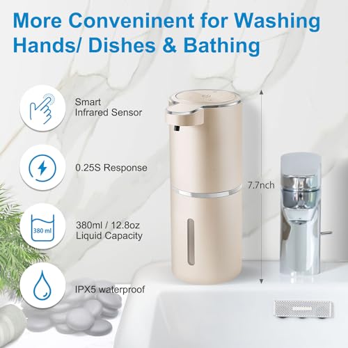 Automatic Foaming Soap Dispenser,4-Level Adjustable Foam, Wall Mount,USB Rechargeable,12.8oz/ 380ml,Touchless Hand & Dish Soap Dispenser for Bathroom, Kitchen,Hotel, Restaurant - color: Champagne Gold, style: Foam