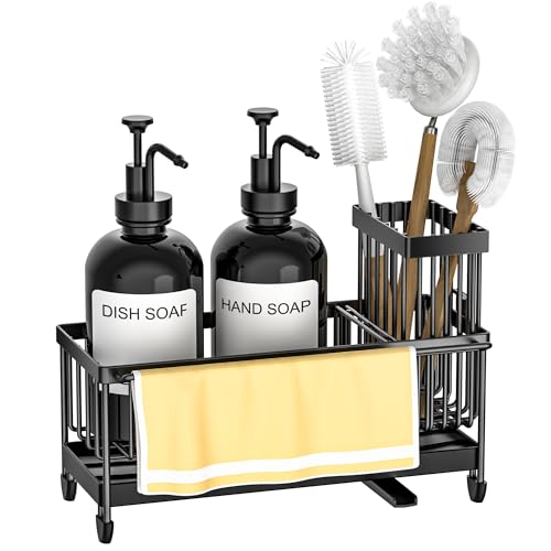 Kitchen Soap Dispenser Set with Sponge Holder and Towel Rack, 17OZ Glass Bottle, Hand and Dish Soap Dispenser Set, Non-Slip Silicone Pad, Brush Holder, Kitchen Sink Caddy Organizer Countertop (Black) - color: Black