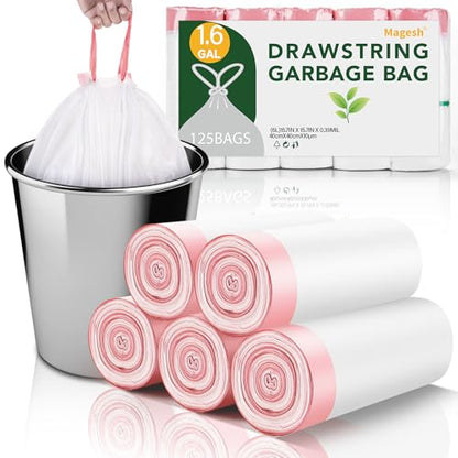 Drawstring Smal Trash Bags 1.6-Gallon - Clear White 125 Count Mini Bulk Disposable Garbage Bag Strong Thick Tiny Plastic Can Liners for Kitchen Bathroom Office Car Waste Basket No Scent - color: Drawstring-1.6Gal125
