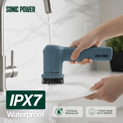 SonicPower Electric Spin Scrubber – Handheld & Ergonomic, IPX7 Waterproof, 4 Multi-Purpose Brush Heads, Long-Lasting Rechargeable Battery – Cleans Dishes, Bathroom, Tile, Grout & Kitchen (Steel Blue) - color: Steel Blue