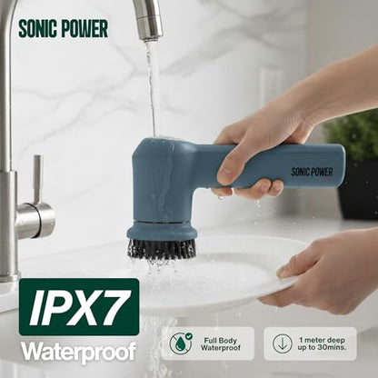 SonicPower Electric Spin Scrubber – Handheld & Ergonomic, IPX7 Waterproof, 4 Multi-Purpose Brush Heads, Long-Lasting Rechargeable Battery – Cleans Dishes, Bathroom, Tile, Grout & Kitchen (Steel Blue) - color: Steel Blue