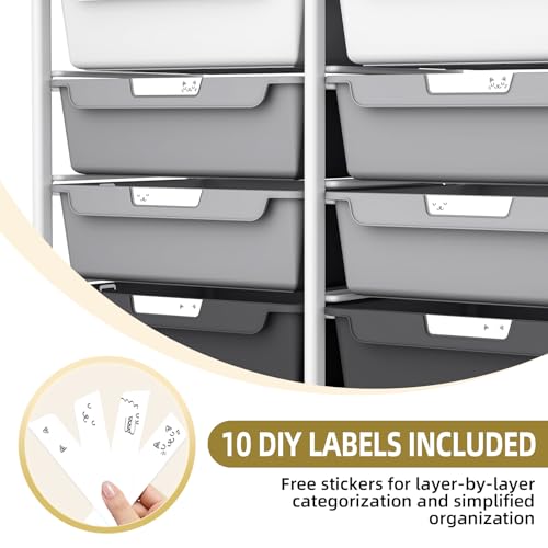 10 Drawers Rolling Cart with Wooden Tabletop, Utility Storage Cart with Wheels, Art Supply Craft Organizer on Wheel with Metal Frame & Handles for Home Office School,Grey - color: Grey