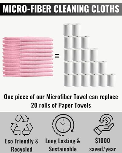 10 Pack All Purpose Microfiber Cleaning Cloth - Pink Cleaning Rags, Terry Cleaning Paper Towels - Commercial Grade, Lint Free, Highly Absorbent - 12x12 inch (Pink) - color: Pink