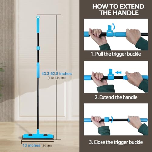 JEHONN Rubber Broom Carpet Rake Brush for Pet Hair with Squeegee, 52.8 inches Long Handle Silicone Fur Scraper Removal Tool with Detailing Lint Comb for Rug, Tile, Hardwood Floor Cleaning (Blue) - color: Blue