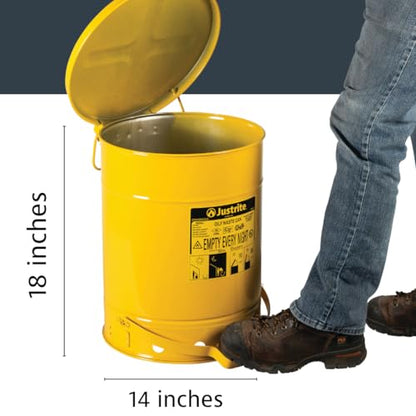Justrite 10 Gallon Galvanized Steel Oily Waste Can, 18" x 14" Metal Oil Rag Safety Can with Foot Operated Self-Closing Lid for Oil Rag Disposal, Made in The USA, Yellow, 09301 - color: Yellow, size: 10 Gallon, style: Foot-Operated Lid