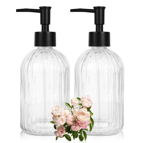 2 Pack Glass Soap Dispenser with Pump, 13.5oz Refillable Soap Dispensers with Vertical Stripe for Hand Wash & Dish Wash, Elegant Bathroom Soap Dispenser for Dishwashing Liquid, Lotion - color: Clear