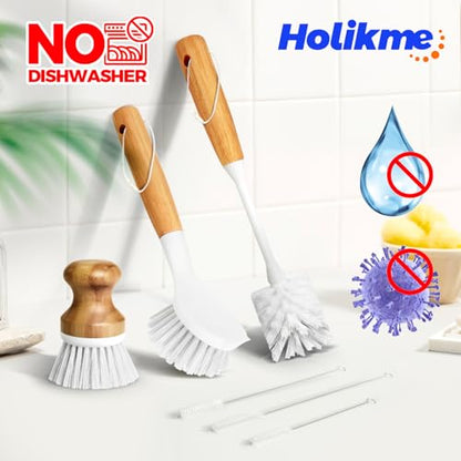 Holikme 6 Pack Dish Brush Scouring Pad Set with Bottle Brush, Dish Brush, Palm Scrub Brush and Straw Brush, Dish Scrubber Long Handle for Dish Bottle Cup Skillet Wok Pot Pan Cast Iron, White - color: White