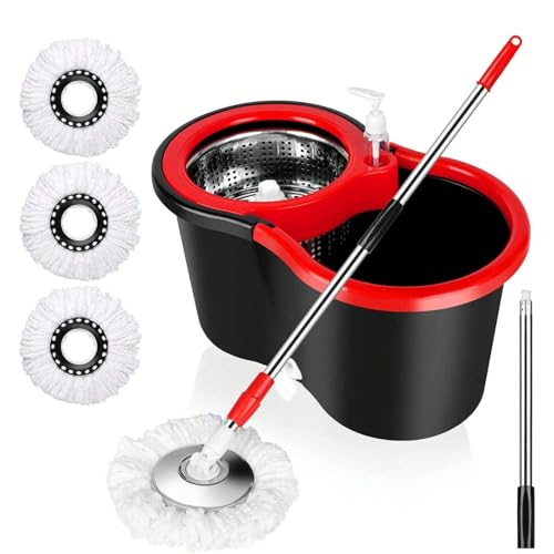 360° Spin Mop & Bucket System – 20QT Floor Cleaning Set with 3 Microfiber Mop Heads & 61" Adjustable Stainless Steel Handle for Effortless, Streak-Free Cleaning-Black - color: Black