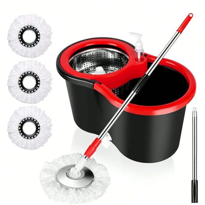 360° Spin Mop & Bucket System – 20QT Floor Cleaning Set with 3 Microfiber Mop Heads & 61" Adjustable Stainless Steel Handle for Effortless, Streak-Free Cleaning-Black - color: Black
