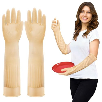 Elbow Length Long Rubber Dishwashing Household Cleaning Gloves, Reusable Full Arm Pretecting 17.8 Inches Length. - size: M: palm width: 3-3.5"