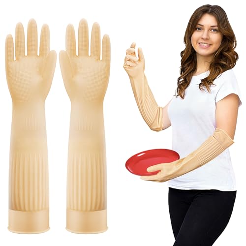 Elbow Length Long Rubber Dishwashing Household Cleaning Gloves, Reusable Full Arm Pretecting 17.8 Inches Length. - size: M: palm width: 3-3.5"